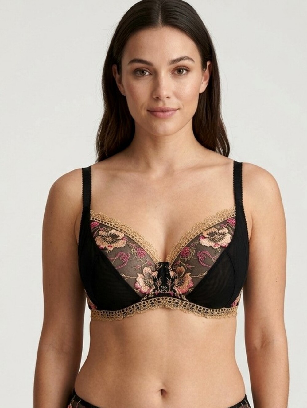 Via Del Amore 38D Embroidered Black Lace Bra with Trim and Floral  Accents